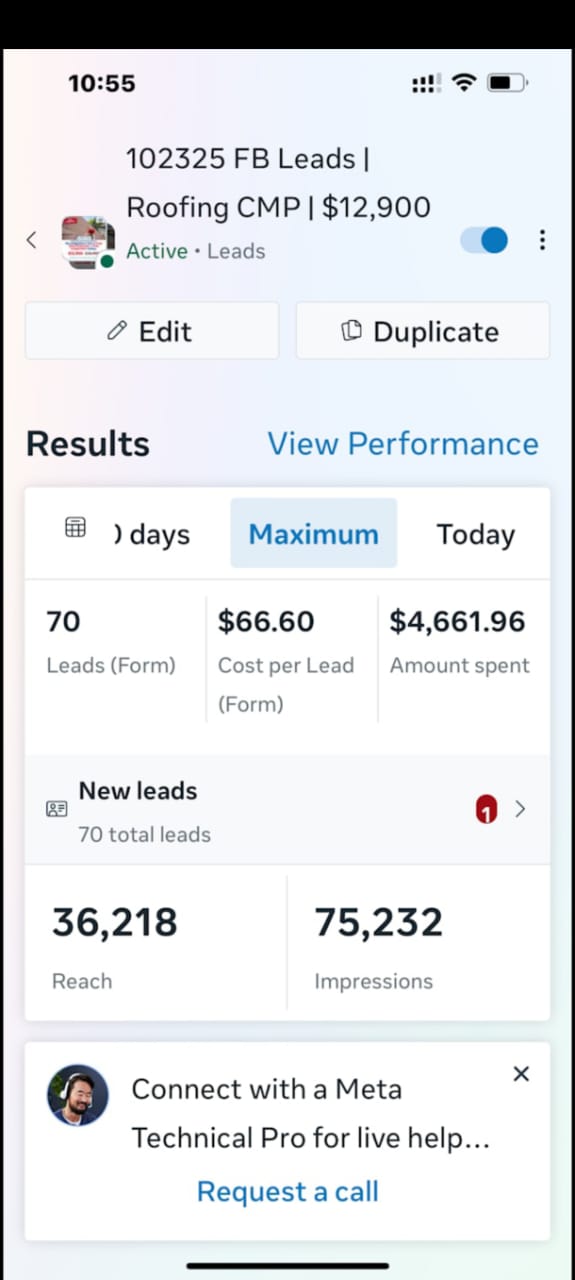 Roofing Company Facebook Ads lead generation results