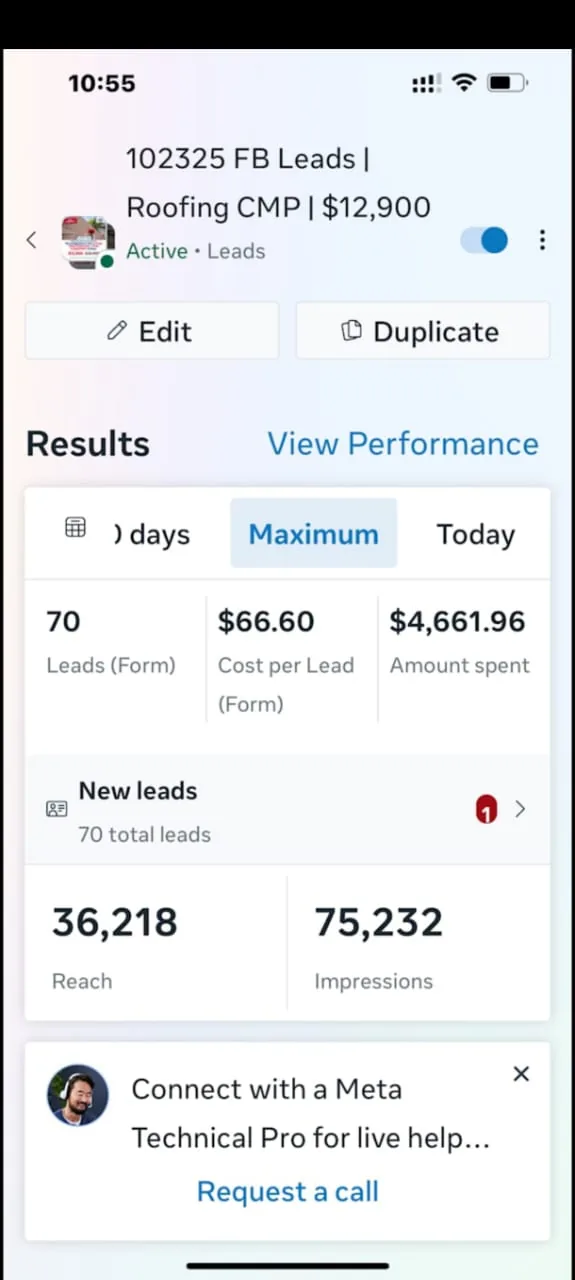 Roofing Company Facebook Ads lead generation results
