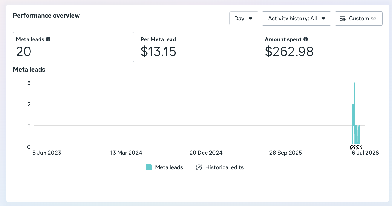 Meta Ads Manager: Campaign 3 — 20 leads at $13.15 per lead on $262.98 spend