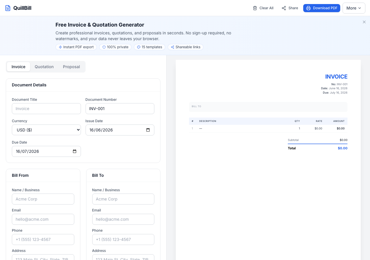 QuillBill invoice generator screenshot