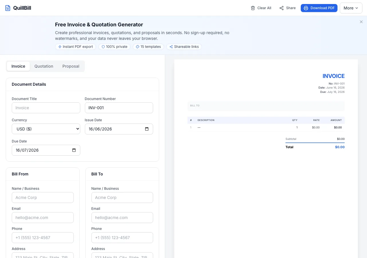 QuillBill invoice generator screenshot